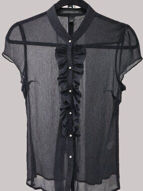 Express 100% Silk Sheer Black Blouse Small – Ruffle Front “Diamond” Button Chic